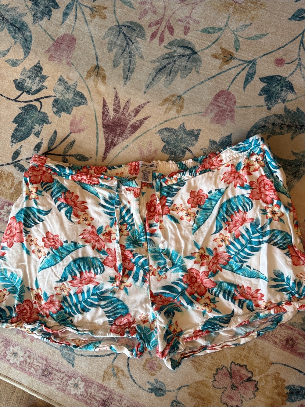 Caribbean Joe Floral Lounge Shorts in White, Teal & Coral